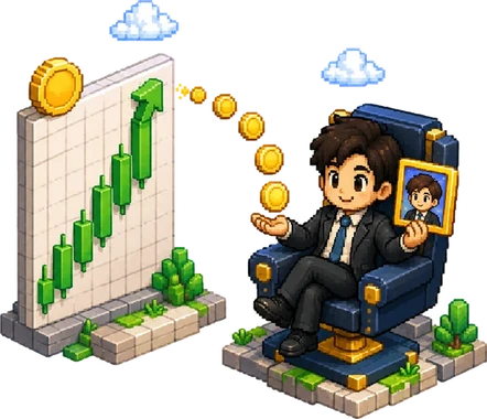 Pixel-art executive on a throne catching gold coins