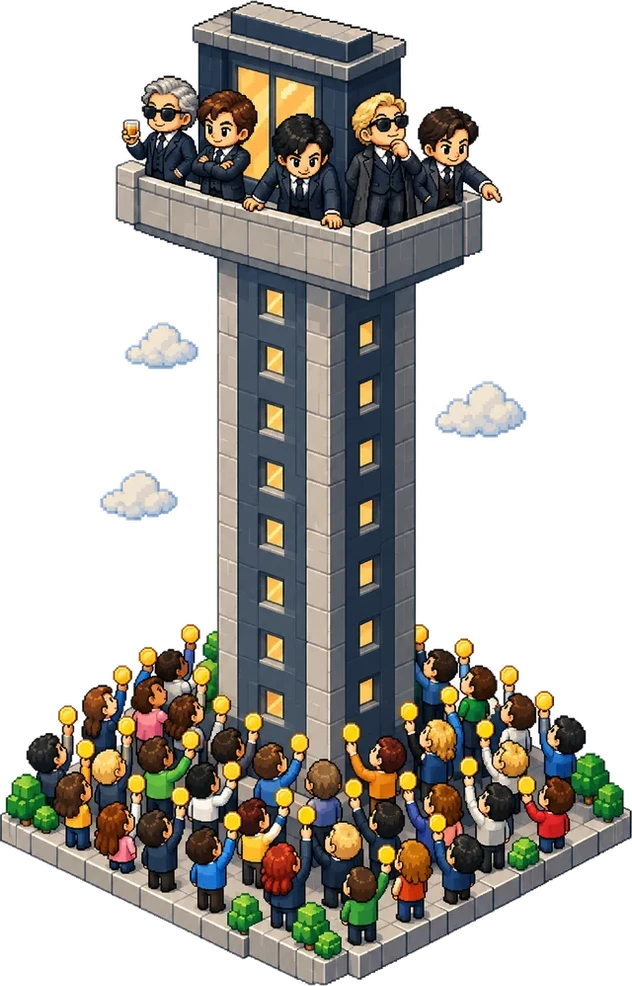 Pixel-art executives on top of a tower while a crowd below holds up gold coins